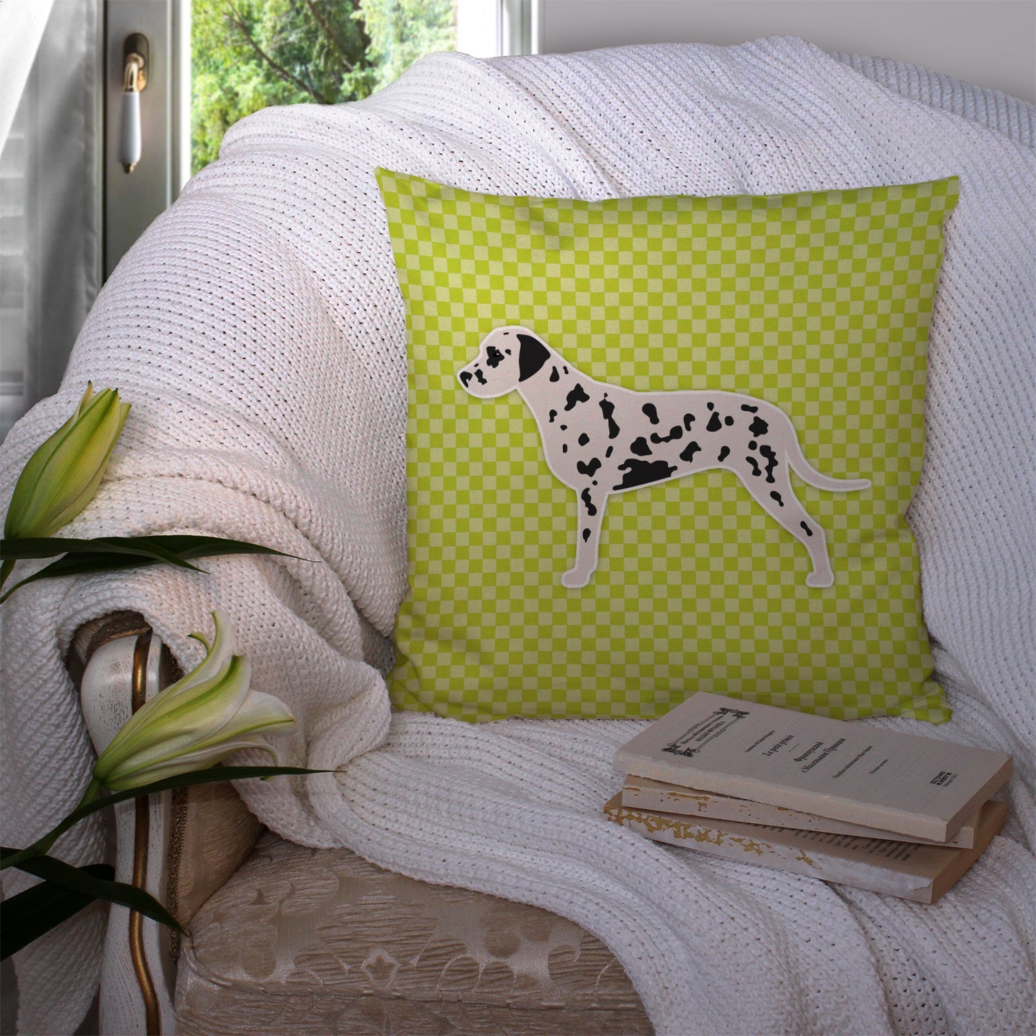 Dalmatian Checkerboard Green Decorative Throw Pillow 14x14 Indoor Outdoor Accent Cushion, Fabric Cover with Insert for Sofa, Bed, Porch & Living Room