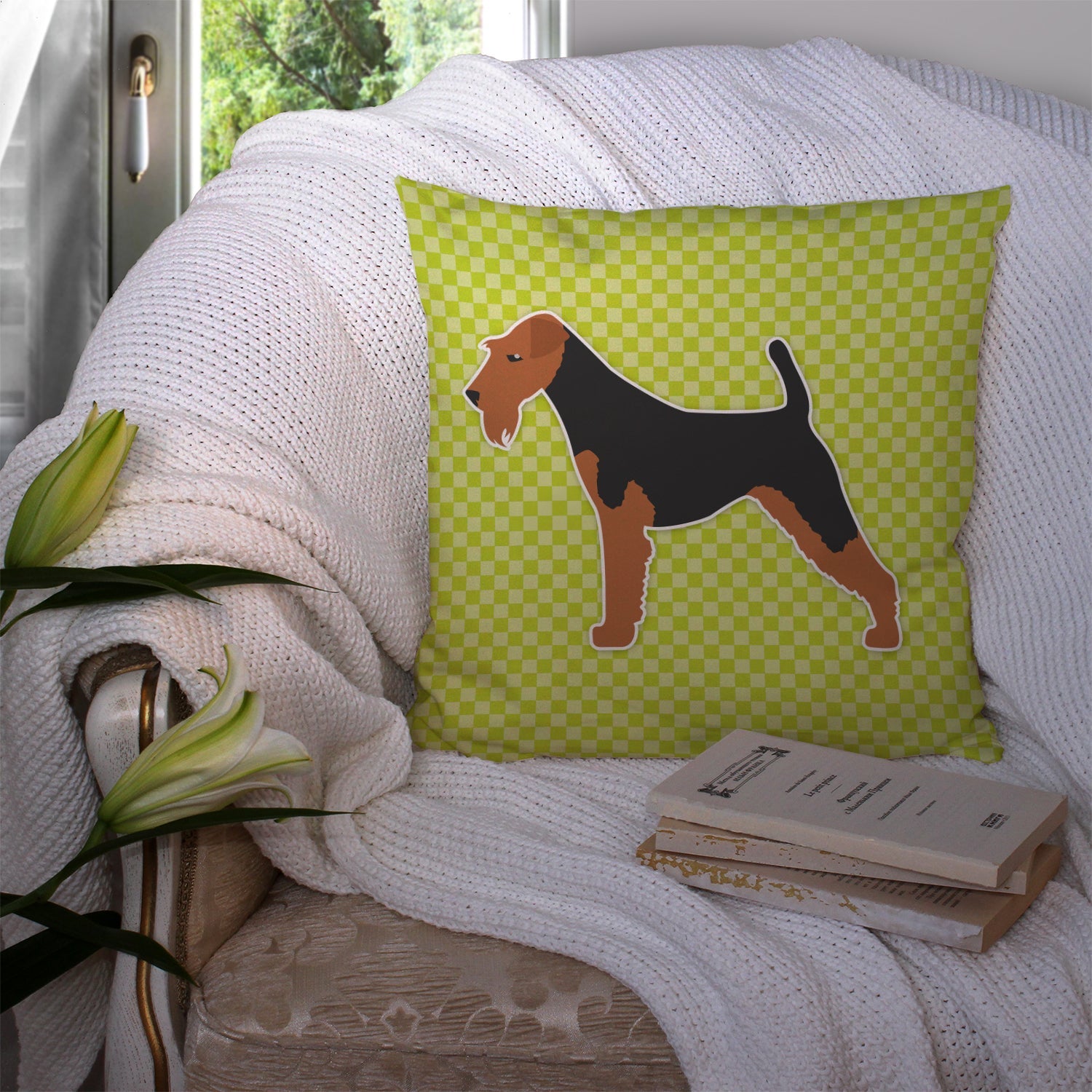 Welsh Terrier Checkerboard Green Decorative Throw Pillow 14x14 Indoor Outdoor Accent Cushion, Fabric Cover with Insert for Sofa, Bed, Porch & Living Room
