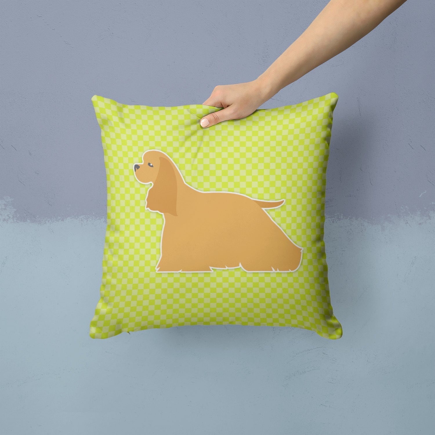Cocker Spaniel Checkerboard Green Decorative Throw Pillow 14x14 Indoor Outdoor Accent Cushion, Fabric Cover with Insert for Sofa, Bed, Porch & Living Room