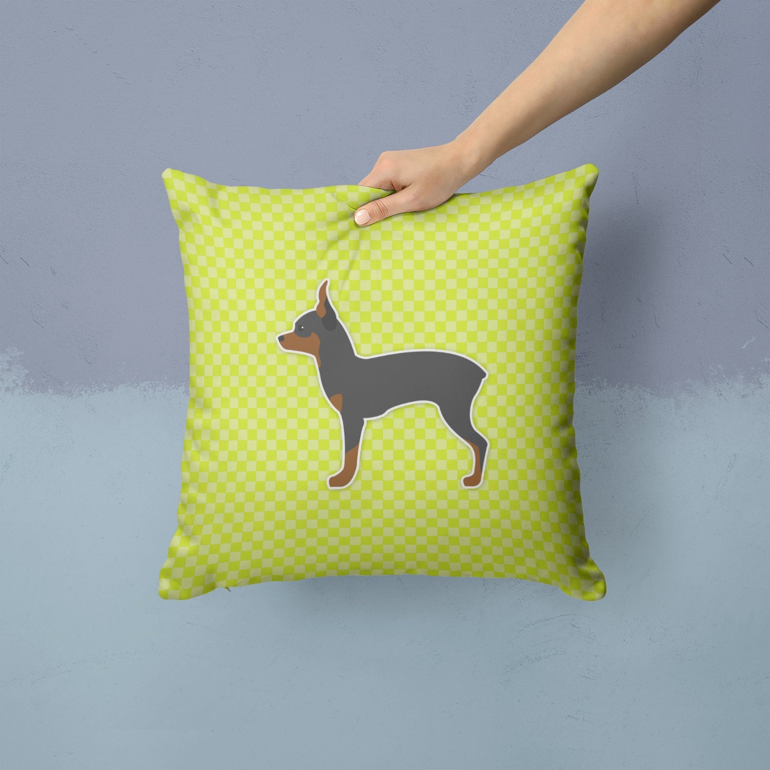 Toy Fox Terrier Checkerboard Green Decorative Throw Pillow 14x14 Indoor Outdoor Accent Cushion, Fabric Cover with Insert for Sofa, Bed, Porch & Living Room