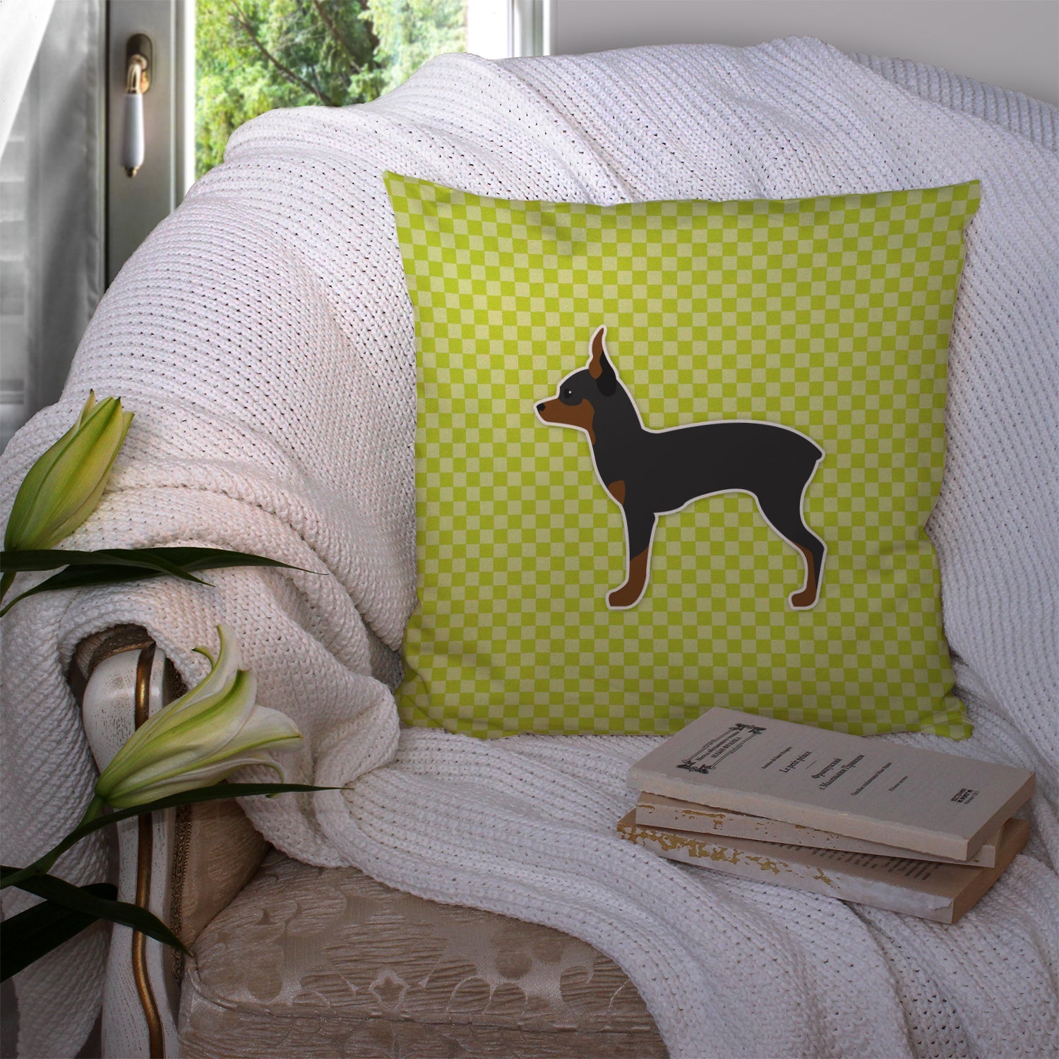 Toy Fox Terrier Checkerboard Green Decorative Throw Pillow 14x14 Indoor Outdoor Accent Cushion, Fabric Cover with Insert for Sofa, Bed, Porch & Living Room