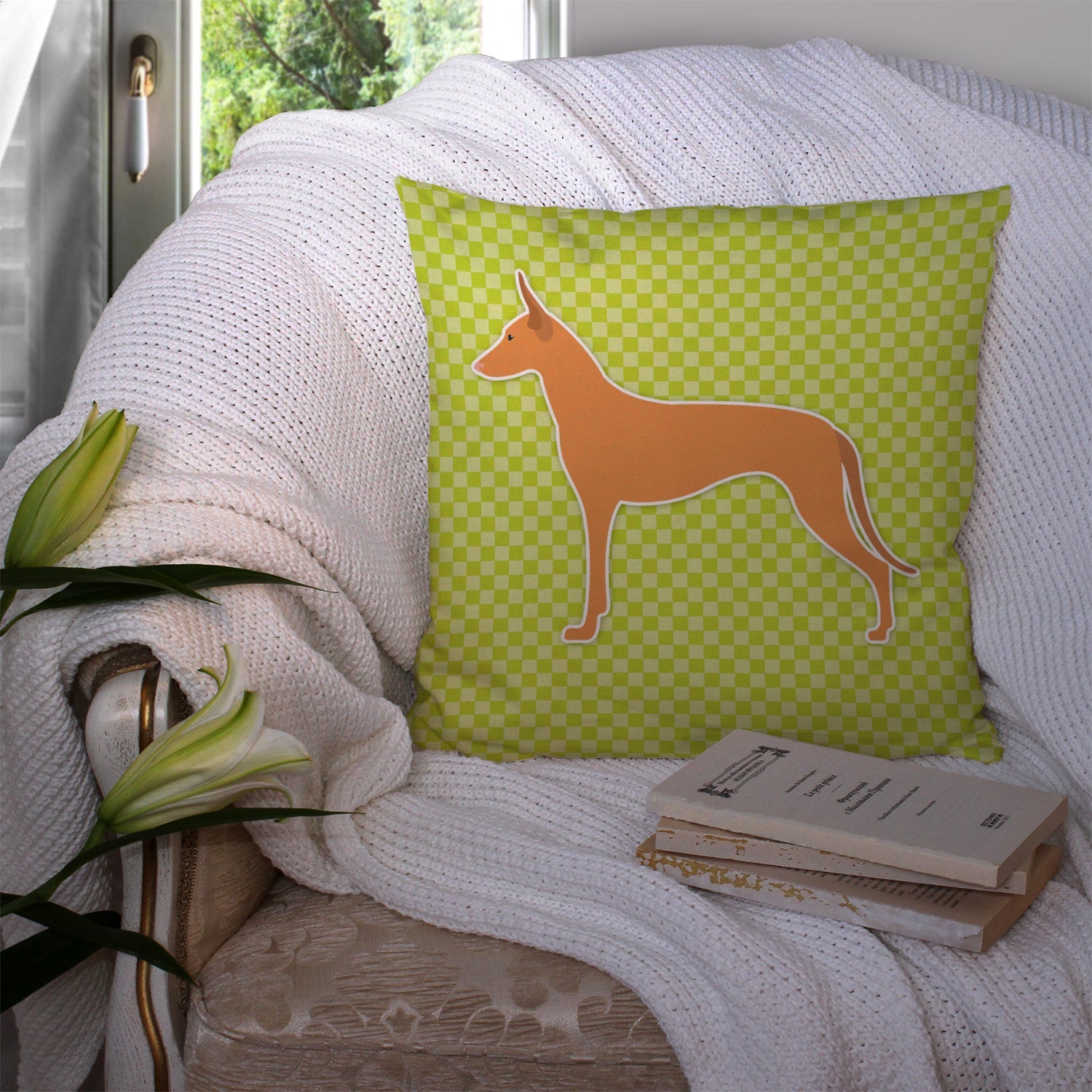 Pharaoh Hound Checkerboard Green Decorative Throw Pillow 14x14 Indoor Outdoor Accent Cushion, Fabric Cover with Insert for Sofa, Bed, Porch & Living Room