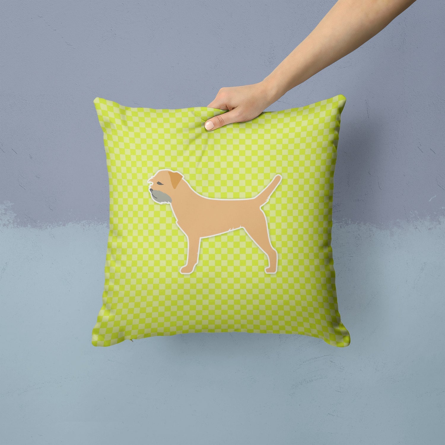Border Terrier Checkerboard Green Decorative Throw Pillow 14x14 Indoor Outdoor Accent Cushion, Fabric Cover with Insert for Sofa, Bed, Porch & Living Room