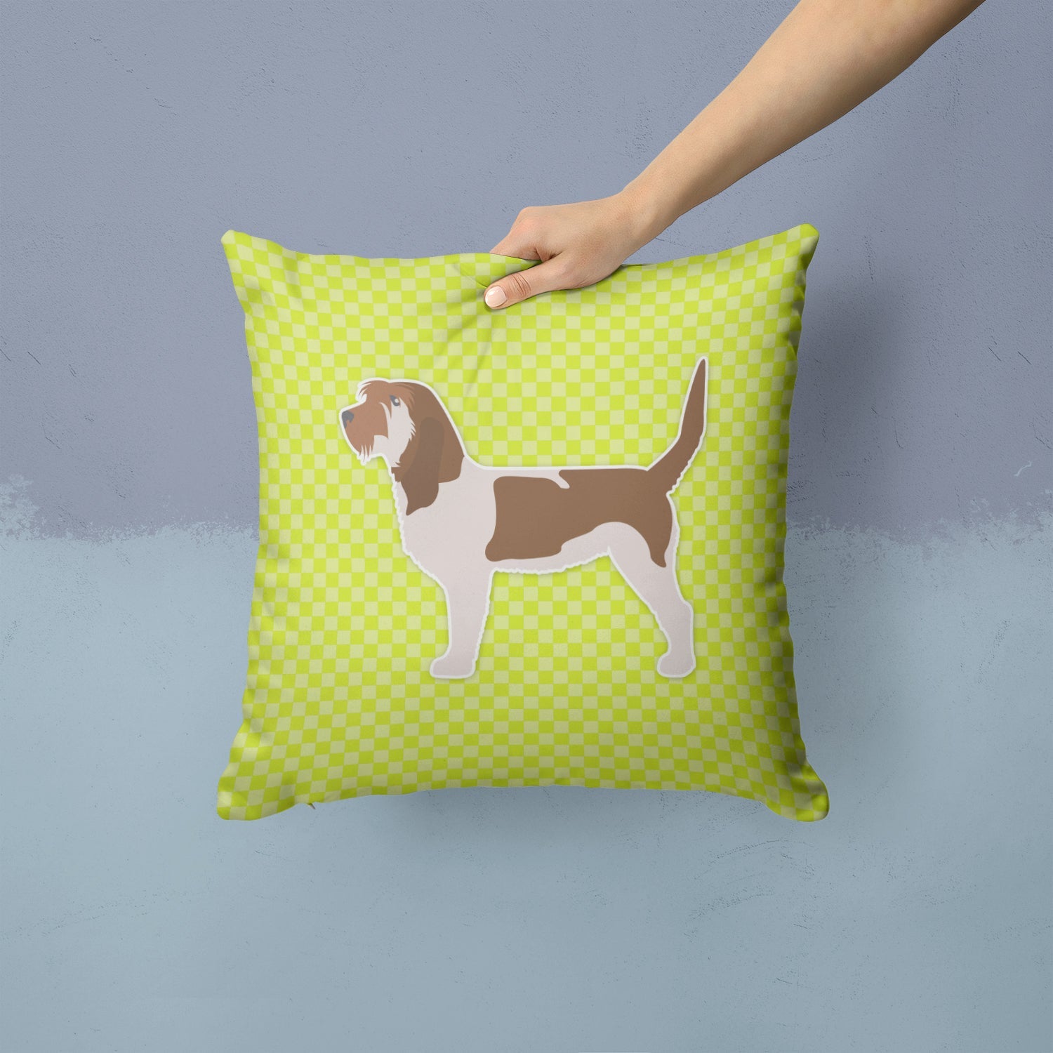 Grand Basset Griffon Vendeen Checkerboard Green Decorative Throw Pillow 14x14 Indoor Outdoor Accent Cushion, Fabric Cover with Insert for Sofa, Bed, Porch & Living Room