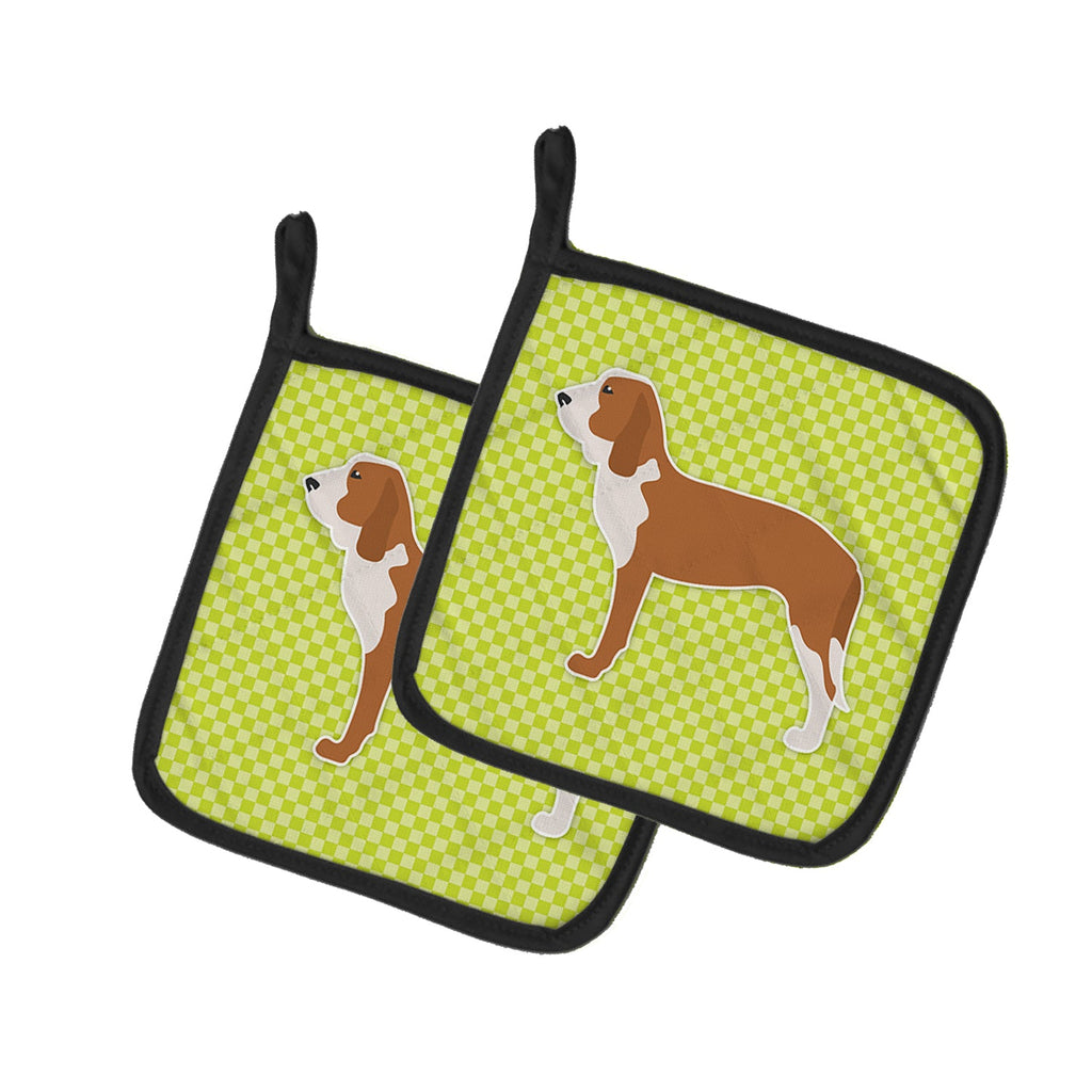 Spanish Hound Checkerboard Green Pot Holder Set of 2 Heat Resistant Quilted Hot Pads 7.5 x 7.5 Inch, Insulated Kitchen Trivets for Cooking & Baking