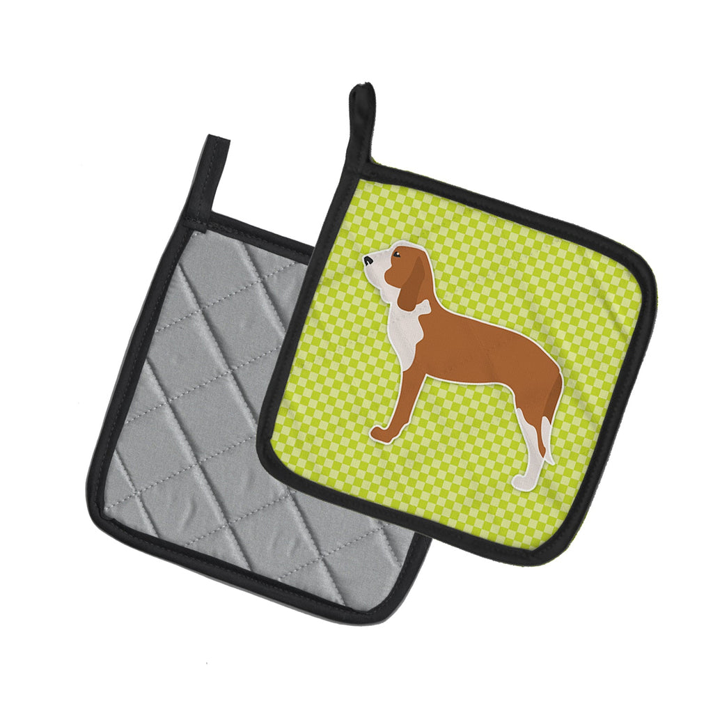 Spanish Hound Checkerboard Green Pot Holder Set of 2 Heat Resistant Quilted Hot Pads 7.5 x 7.5 Inch, Insulated Kitchen Trivets for Cooking & Baking