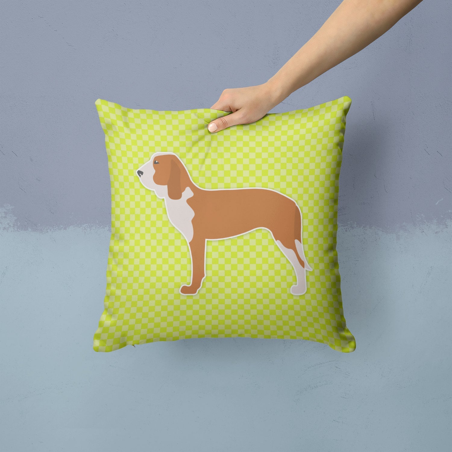 Spanish Hound Checkerboard Green Decorative Throw Pillow 14x14 Indoor Outdoor Accent Cushion, Fabric Cover with Insert for Sofa, Bed, Porch & Living Room
