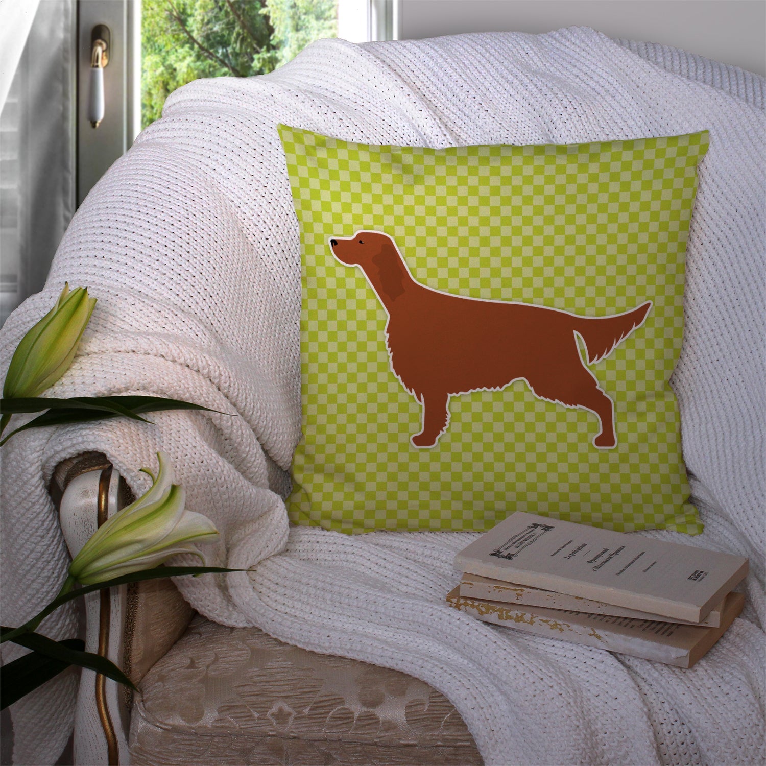 Irish Setter Checkerboard Green Decorative Throw Pillow 14x14 Indoor Outdoor Accent Cushion, Fabric Cover with Insert for Sofa, Bed, Porch & Living Room