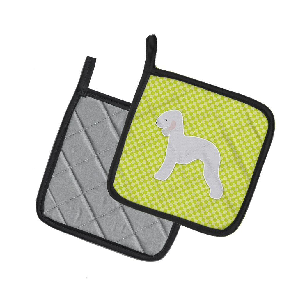 Bedlington Terrier Checkerboard Green Pot Holder Set of 2 Heat Resistant Quilted Hot Pads 7.5 x 7.5 Inch, Insulated Kitchen Trivets for Cooking & Baking
