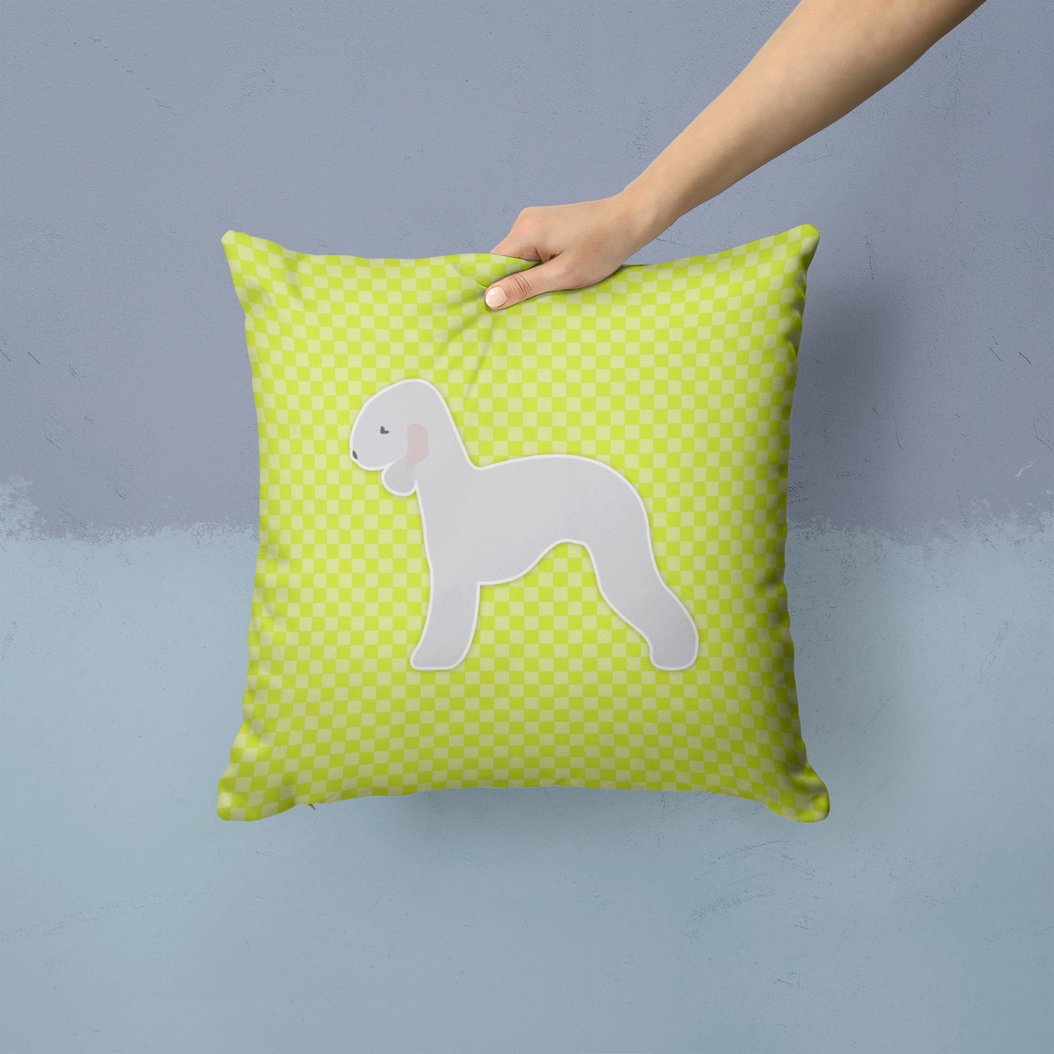 Bedlington Terrier Checkerboard Green Decorative Throw Pillow 14x14 Indoor Outdoor Accent Cushion, Fabric Cover with Insert for Sofa, Bed, Porch & Living Room