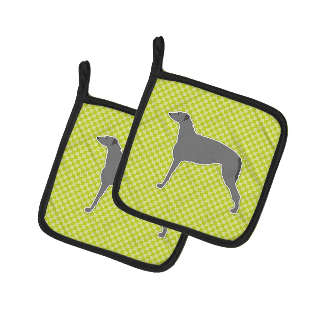 Scottish Deerhound Checkerboard Green Pot Holder Set of 2 Heat Resistant Quilted Hot Pads 7.5 x 7.5 Inch, Insulated Kitchen Trivets for Cooking & Baking