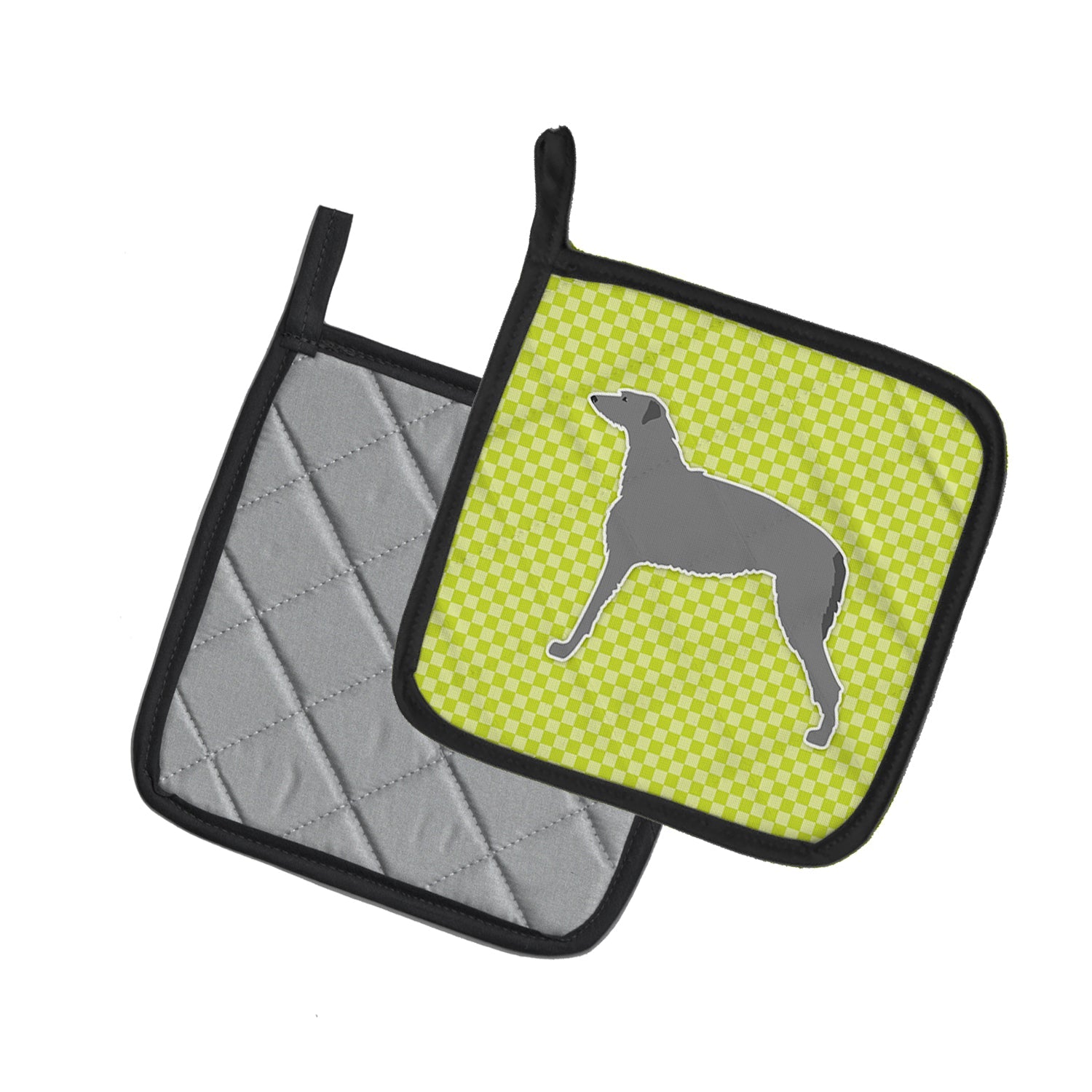 Scottish Deerhound Checkerboard Green Pot Holder Set of 2 Heat Resistant Quilted Hot Pads 7.5 x 7.5 Inch, Insulated Kitchen Trivets for Cooking & Baking