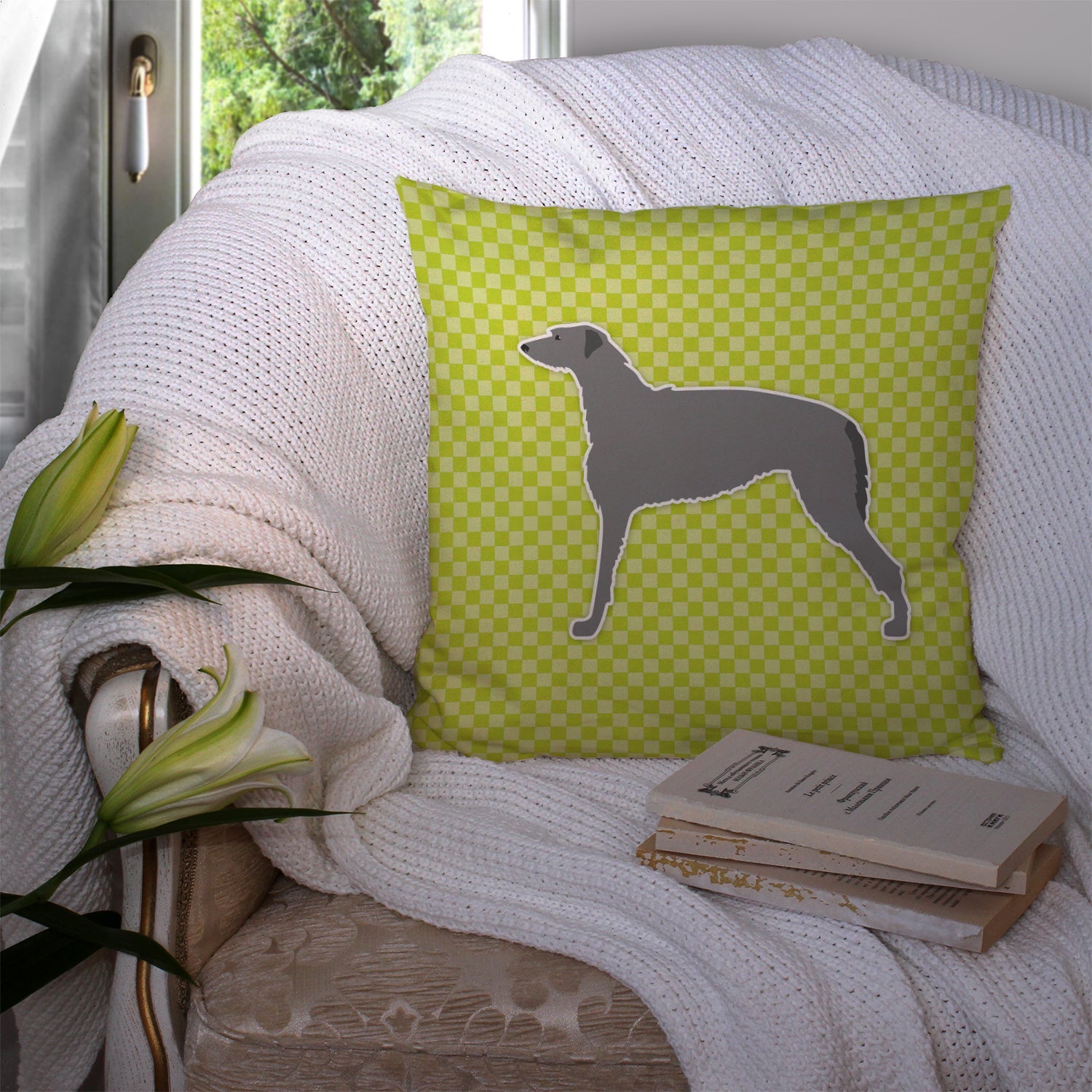 Scottish Deerhound Checkerboard Green Decorative Throw Pillow 14x14 Indoor Outdoor Accent Cushion, Fabric Cover with Insert for Sofa, Bed, Porch & Living Room