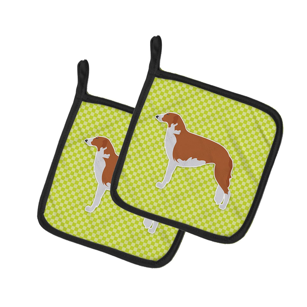 Borzoi Russian Greyhound Checkerboard Green Pot Holder Set of 2 Heat Resistant Quilted Hot Pads 7.5 x 7.5 Inch, Insulated Kitchen Trivets for Cooking & Baking