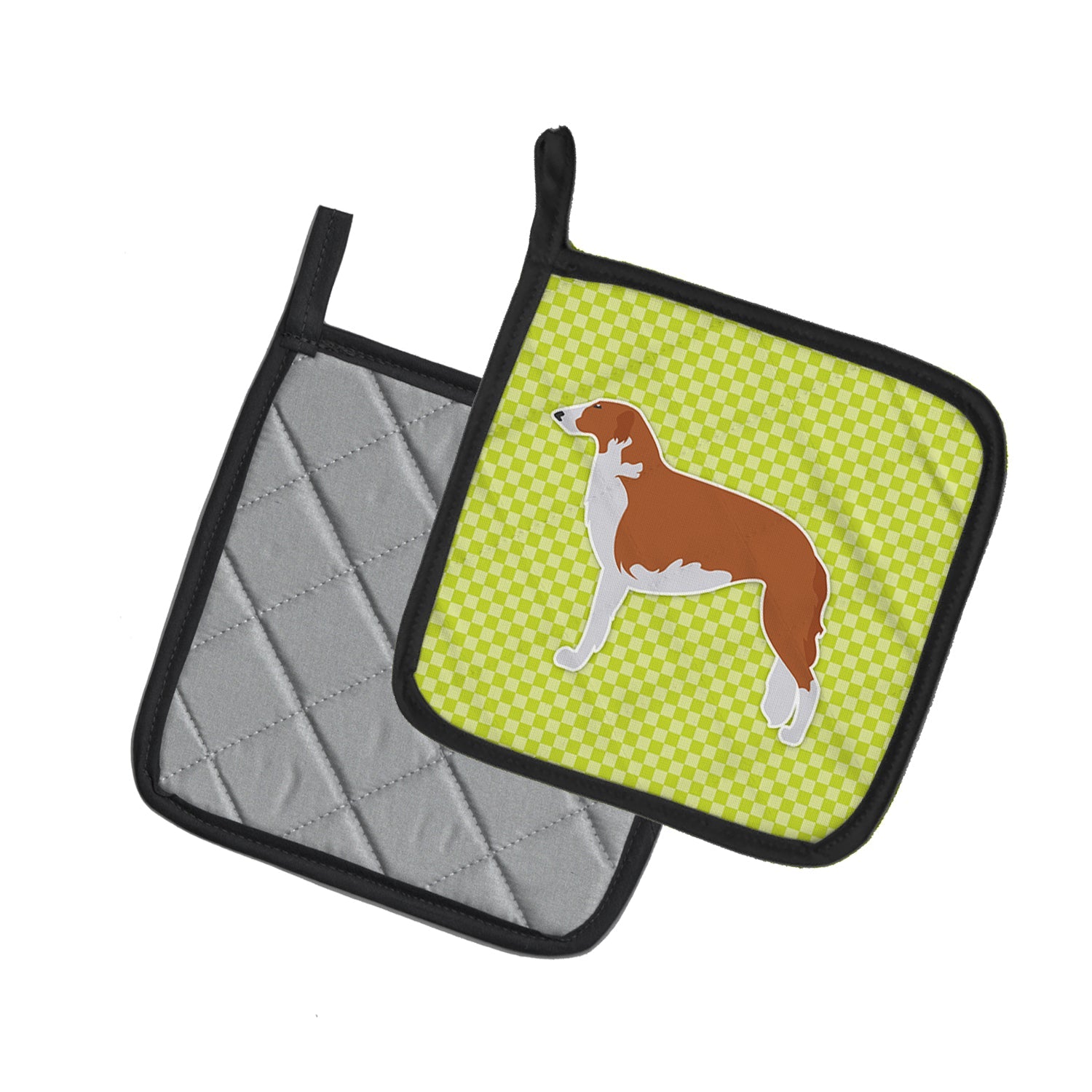Borzoi Russian Greyhound Checkerboard Green Pot Holder Set of 2 Heat Resistant Quilted Hot Pads 7.5 x 7.5 Inch, Insulated Kitchen Trivets for Cooking & Baking