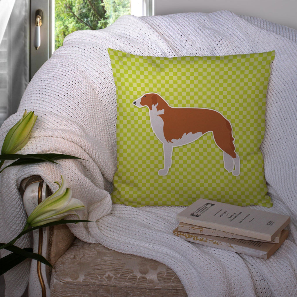 Borzoi Russian Greyhound Checkerboard Green Decorative Throw Pillow 14x14 Indoor Outdoor Accent Cushion, Fabric Cover with Insert for Sofa, Bed, Porch & Living Room