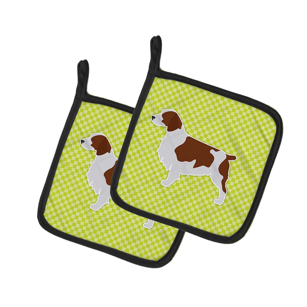 Welsh Springer Spaniel Checkerboard Green Pot Holder Set of 2 Heat Resistant Quilted Hot Pads 7.5 x 7.5 Inch, Insulated Kitchen Trivets for Cooking & Baking