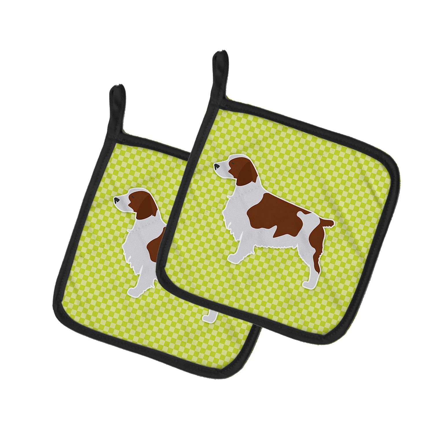 Welsh Springer Spaniel Checkerboard Green Pot Holder Set of 2 Heat Resistant Quilted Hot Pads 7.5 x 7.5 Inch, Insulated Kitchen Trivets for Cooking & Baking
