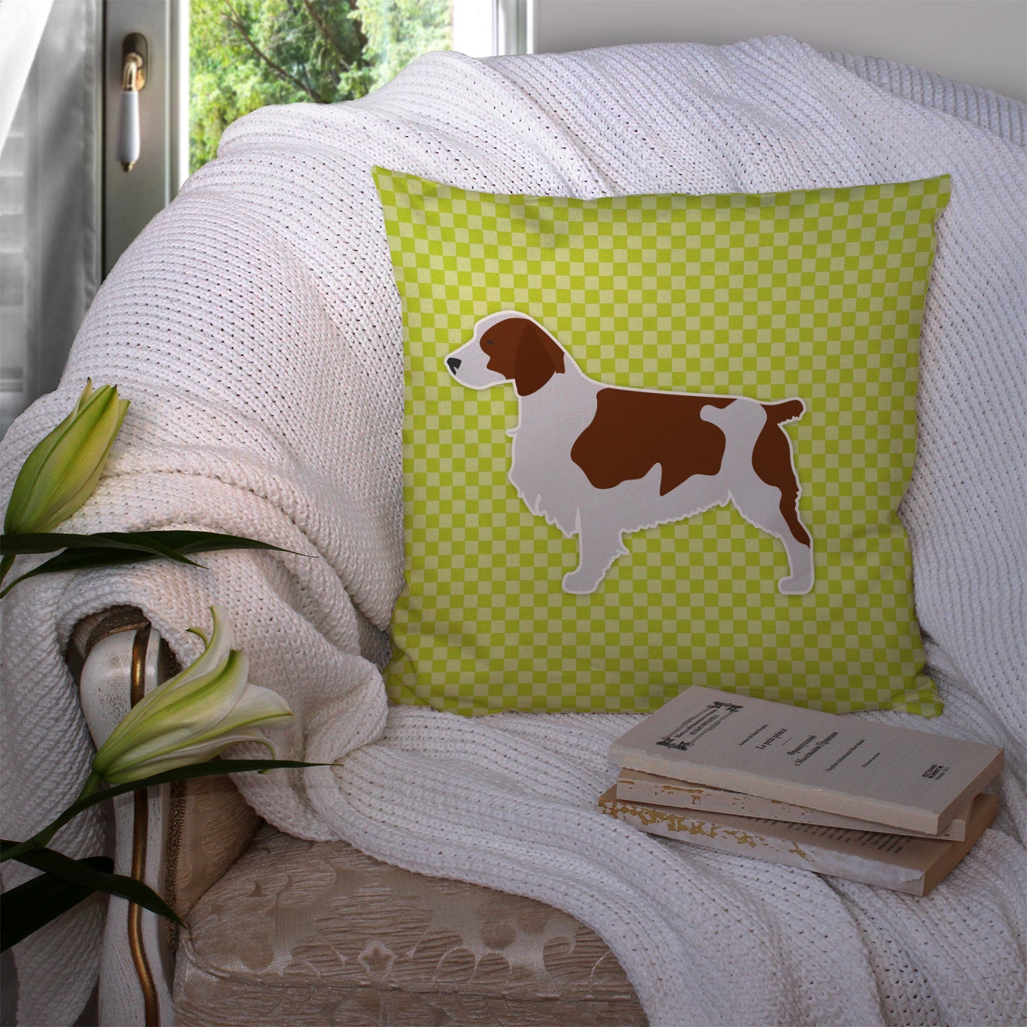 Welsh Springer Spaniel Checkerboard Green Decorative Throw Pillow 14x14 Indoor Outdoor Accent Cushion, Fabric Cover with Insert for Sofa, Bed, Porch & Living Room