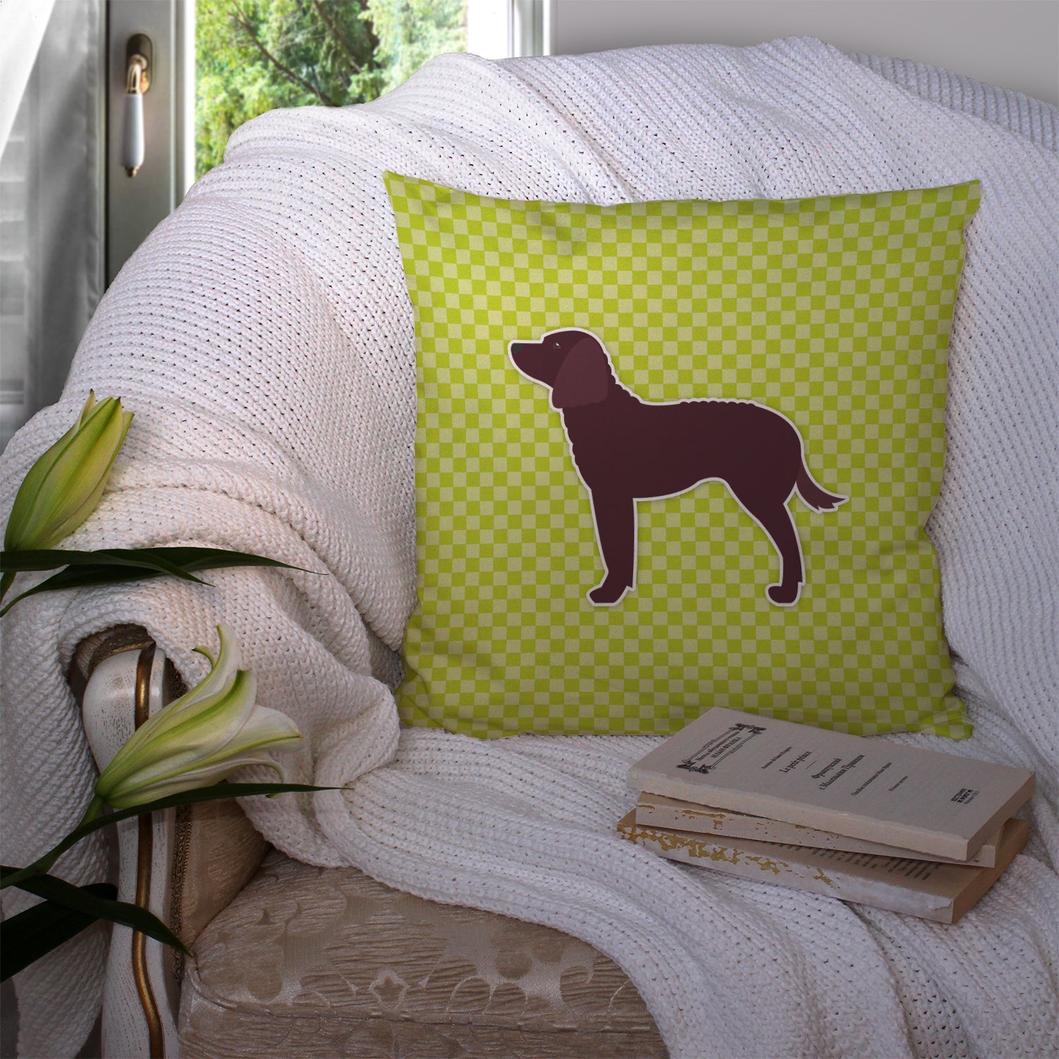 American Water Spaniel Checkerboard Green Decorative Throw Pillow 14x14 Indoor Outdoor Accent Cushion, Fabric Cover with Insert for Sofa, Bed, Porch & Living Room