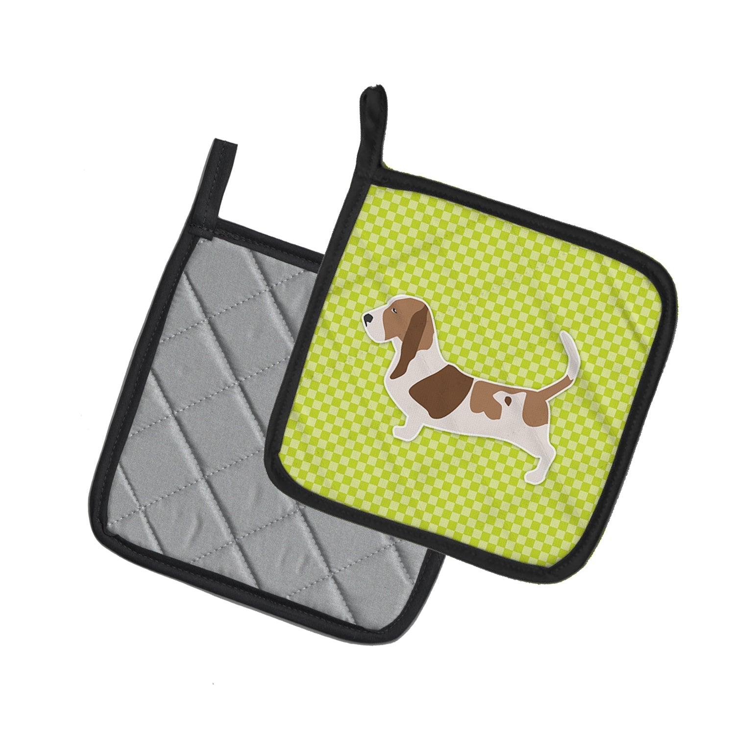Basset Hound Checkerboard Green Pot Holder Set of 2 Heat Resistant Quilted Hot Pads 7.5 x 7.5 Inch, Insulated Kitchen Trivets for Cooking & Baking