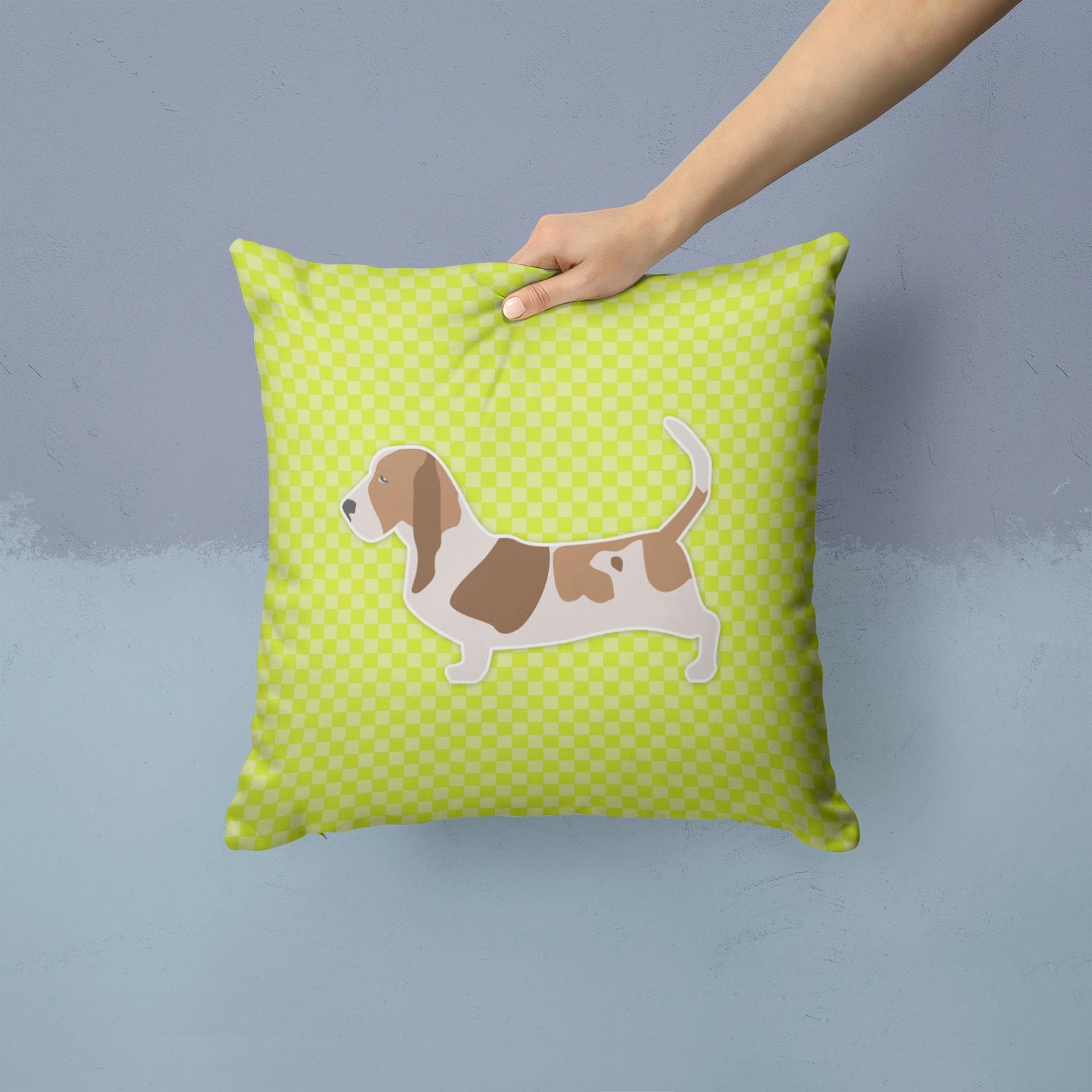 Basset Hound Checkerboard Green Decorative Throw Pillow 14x14 Indoor Outdoor Accent Cushion, Fabric Cover with Insert for Sofa, Bed, Porch & Living Room