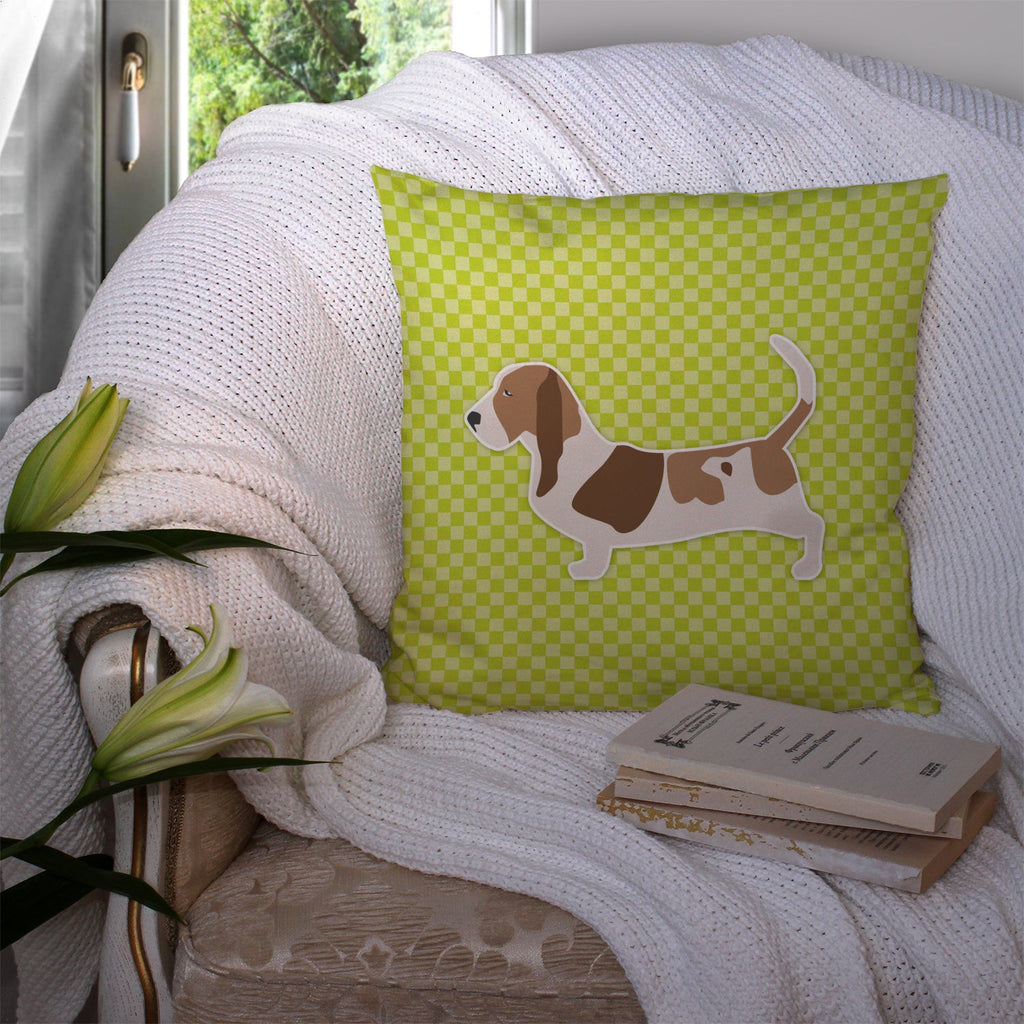 Basset Hound Checkerboard Green Decorative Throw Pillow 14x14 Indoor Outdoor Accent Cushion, Fabric Cover with Insert for Sofa, Bed, Porch & Living Room