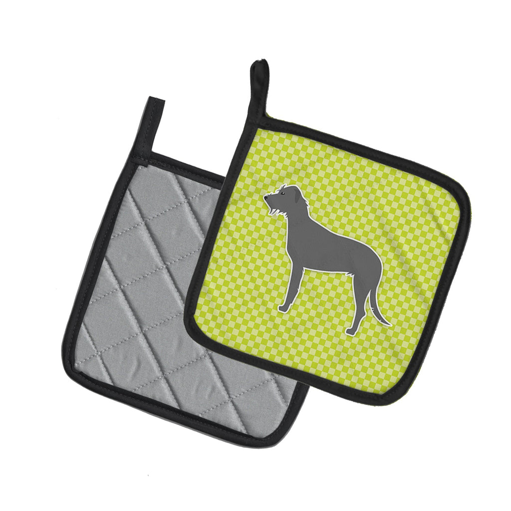 Irish Wolfhound Checkerboard Green Pot Holder Set of 2 Heat Resistant Quilted Hot Pads 7.5 x 7.5 Inch, Insulated Kitchen Trivets for Cooking & Baking