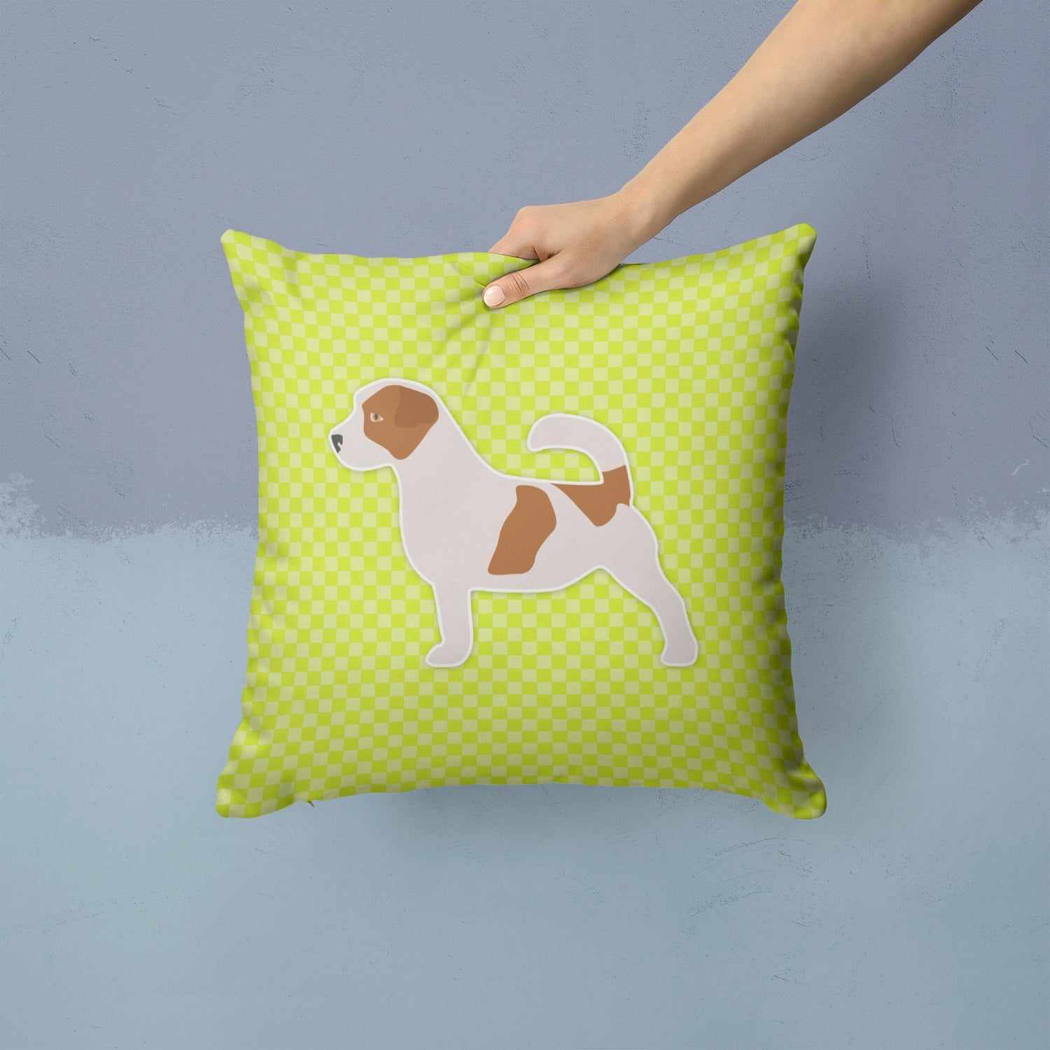 Jack Russell Terrier Checkerboard Green Decorative Throw Pillow 14x14 Indoor Outdoor Accent Cushion, Fabric Cover with Insert for Sofa, Bed, Porch & Living Room