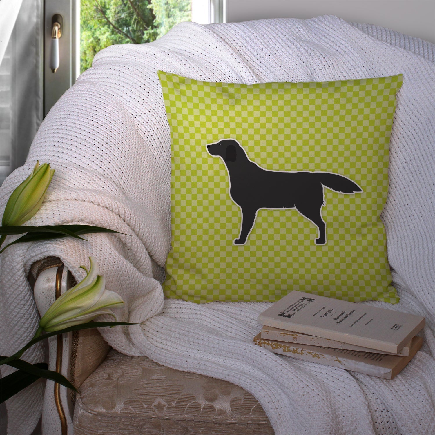 Black Labrador Retriever Checkerboard Green Decorative Throw Pillow 14x14 Indoor Outdoor Accent Cushion, Fabric Cover with Insert for Sofa, Bed, Porch & Living Room