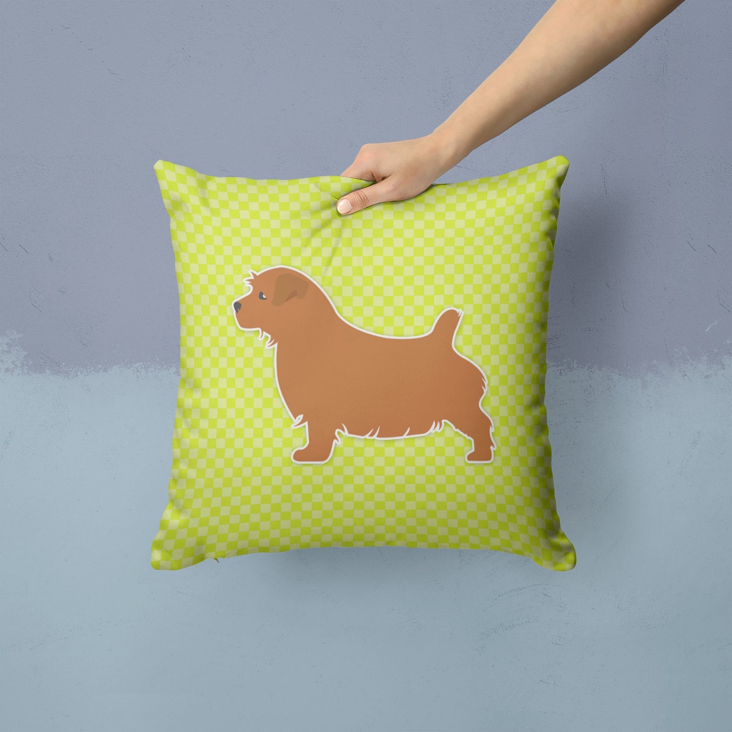 Norfolk Terrier Checkerboard Green Decorative Throw Pillow 14x14 Indoor Outdoor Accent Cushion, Fabric Cover with Insert for Sofa, Bed, Porch & Living Room