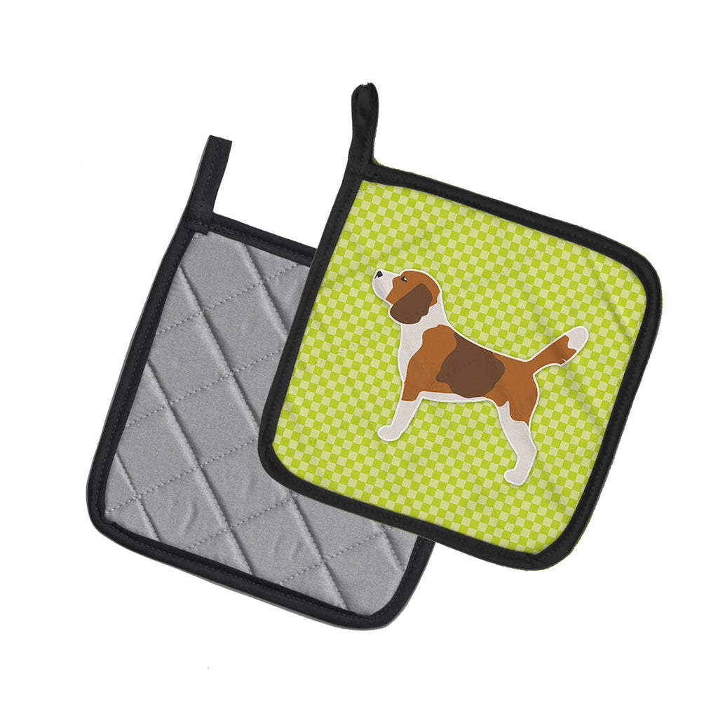 Beagle Checkerboard Green Pot Holder Set of 2 Heat Resistant Quilted Hot Pads 7.5 x 7.5 Inch, Insulated Kitchen Trivets for Cooking & Baking