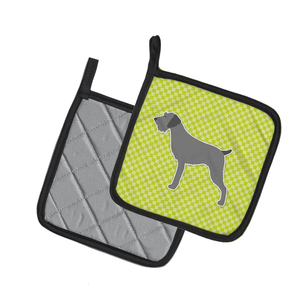 German Wirehaired Pointer Checkerboard Green Pot Holder Set of 2 Heat Resistant Quilted Hot Pads 7.5 x 7.5 Inch, Insulated Kitchen Trivets for Cooking & Baking