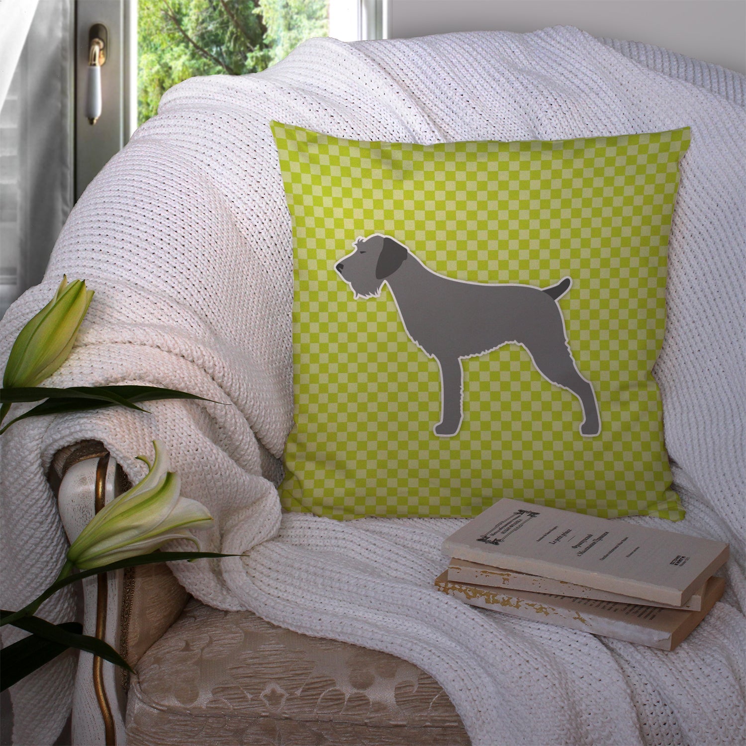 German Wirehaired Pointer Checkerboard Green Decorative Throw Pillow 14x14 Indoor Outdoor Accent Cushion, Fabric Cover with Insert for Sofa, Bed, Porch & Living Room