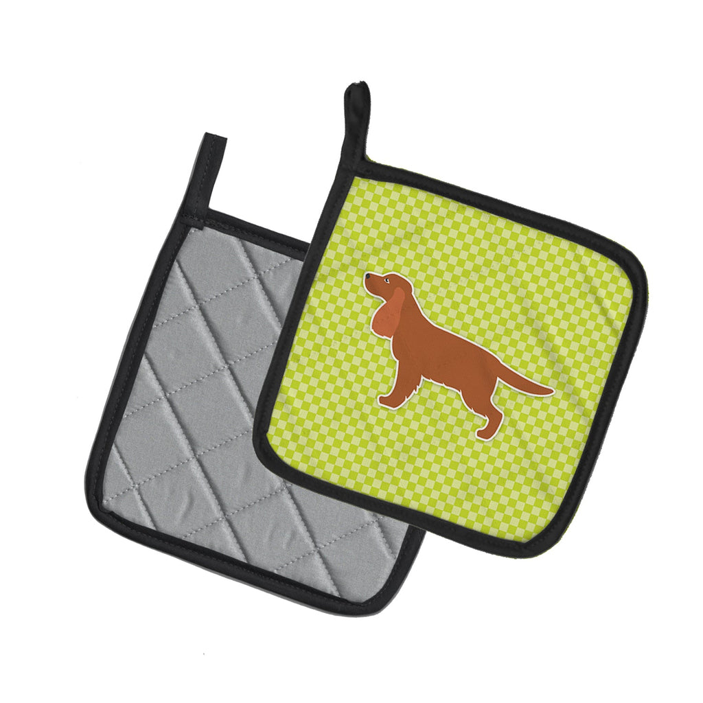 English Cocker Spaniel Checkerboard Green Pot Holder Set of 2 Heat Resistant Quilted Hot Pads 7.5 x 7.5 Inch, Insulated Kitchen Trivets for Cooking & Baking