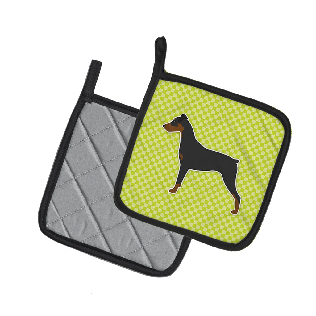 German Pinscher Checkerboard Green Pot Holder Set of 2 Heat Resistant Quilted Hot Pads 7.5 x 7.5 Inch, Insulated Kitchen Trivets for Cooking & Baking