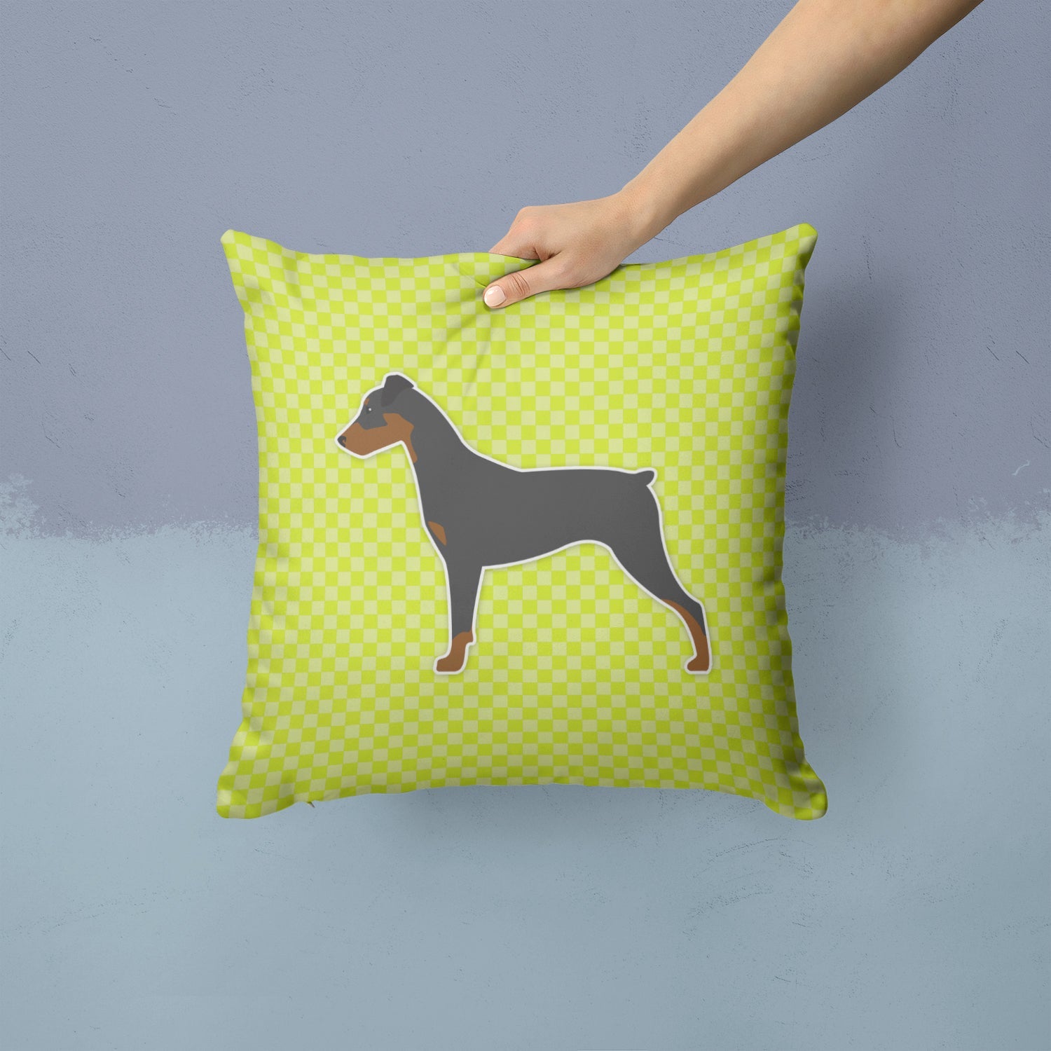 German Pinscher Checkerboard Green Decorative Throw Pillow 14x14 Indoor Outdoor Accent Cushion, Fabric Cover with Insert for Sofa, Bed, Porch & Living Room