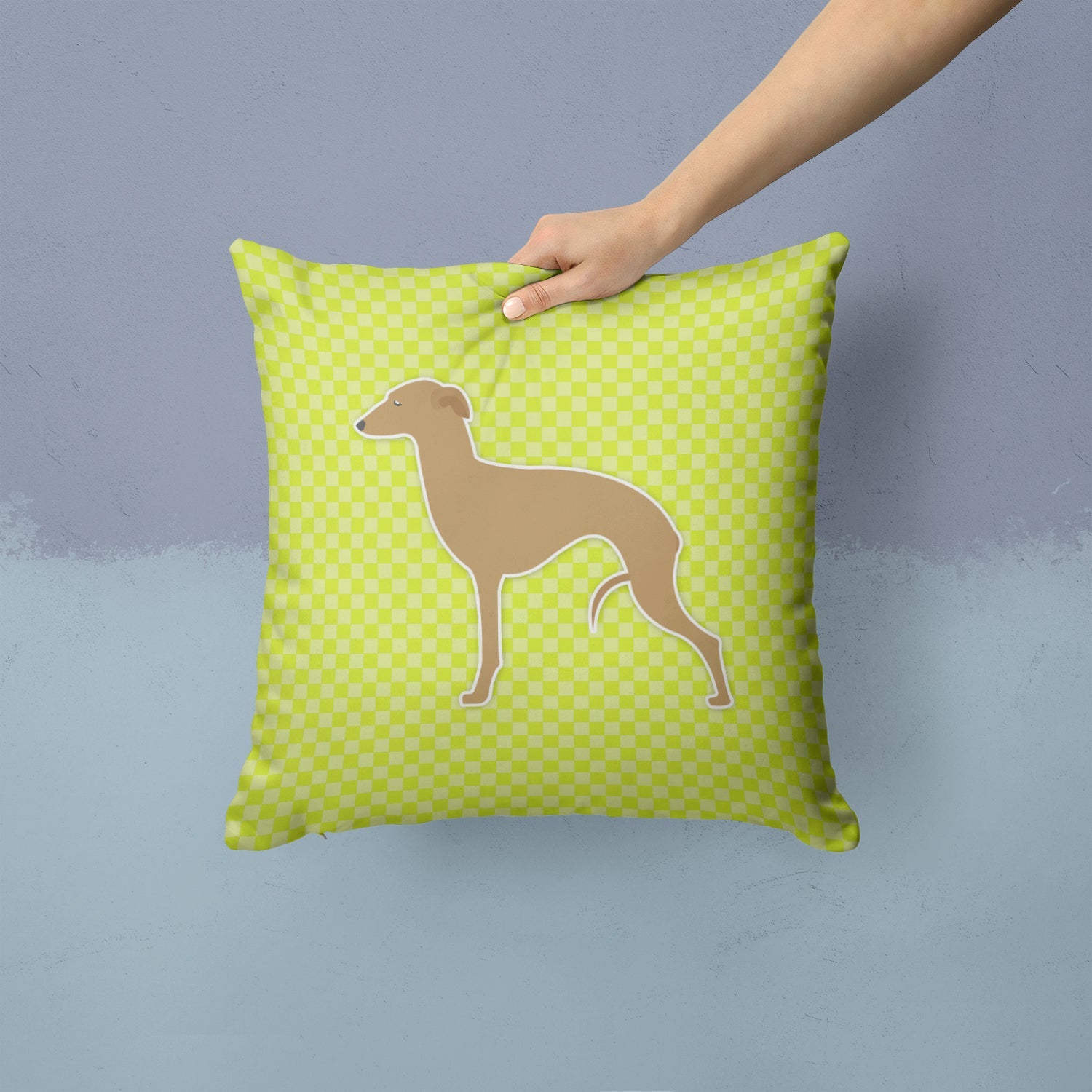 Italian Greyhound Checkerboard Green Decorative Throw Pillow 14x14 Indoor Outdoor Accent Cushion, Fabric Cover with Insert for Sofa, Bed, Porch & Living Room