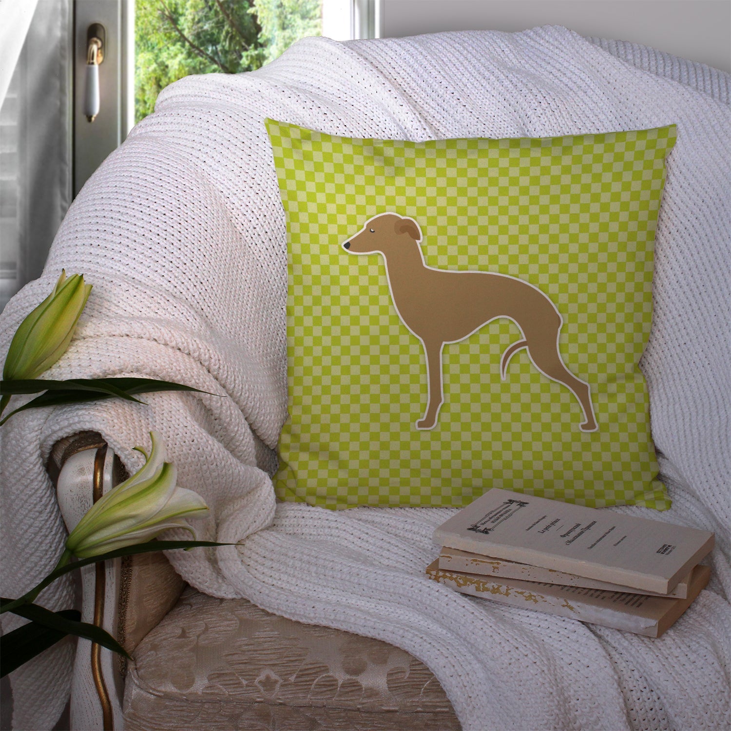 Italian Greyhound Checkerboard Green Decorative Throw Pillow 14x14 Indoor Outdoor Accent Cushion, Fabric Cover with Insert for Sofa, Bed, Porch & Living Room