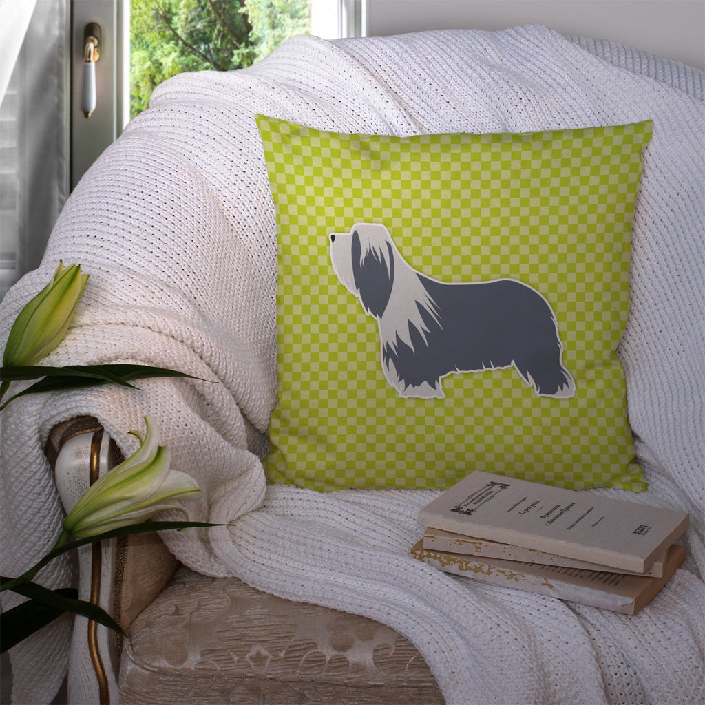 Bearded Collie Checkerboard Green Decorative Throw Pillow 14x14 Indoor Outdoor Accent Cushion, Fabric Cover with Insert for Sofa, Bed, Porch & Living Room