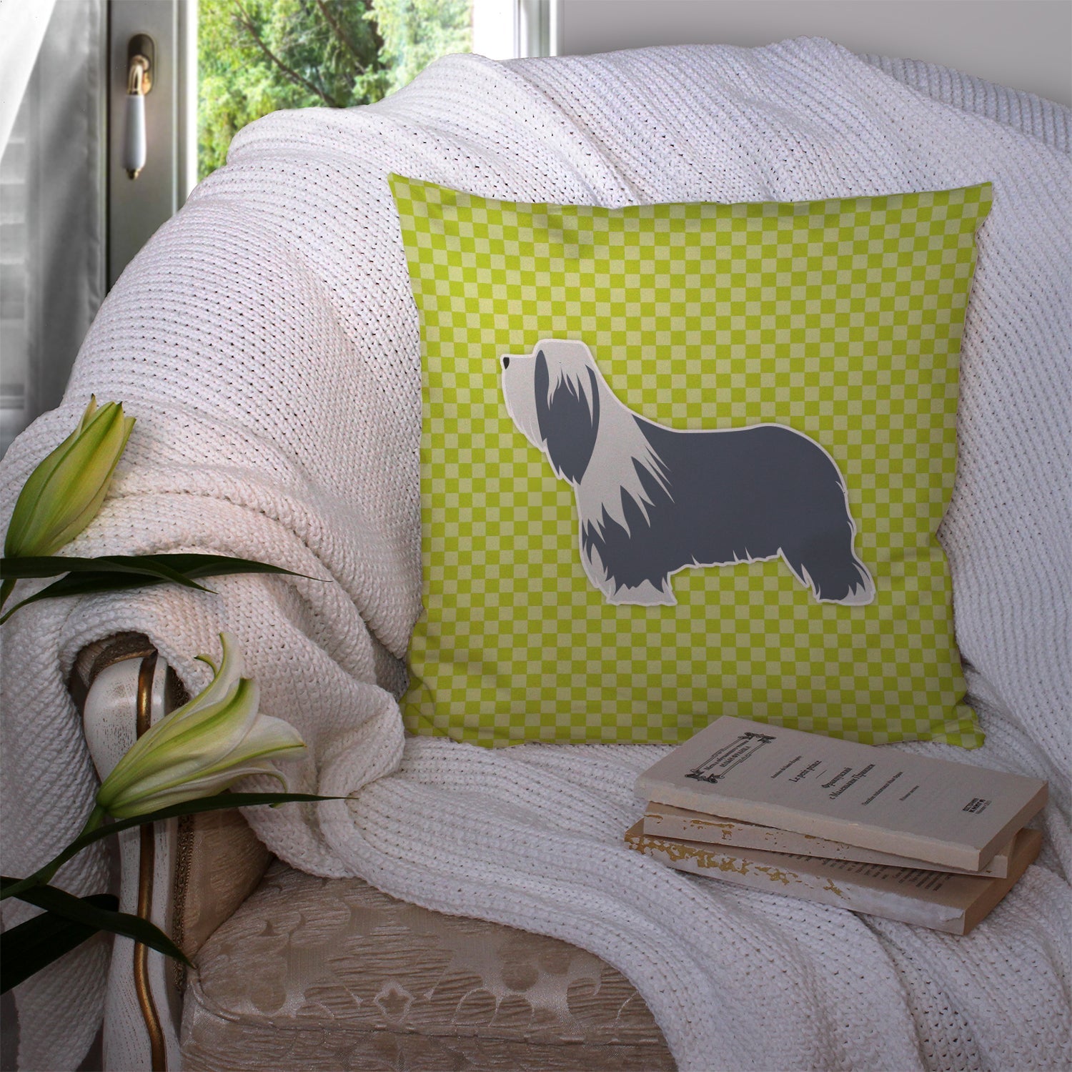 Bearded Collie Checkerboard Green Decorative Throw Pillow 14x14 Indoor Outdoor Accent Cushion, Fabric Cover with Insert for Sofa, Bed, Porch & Living Room