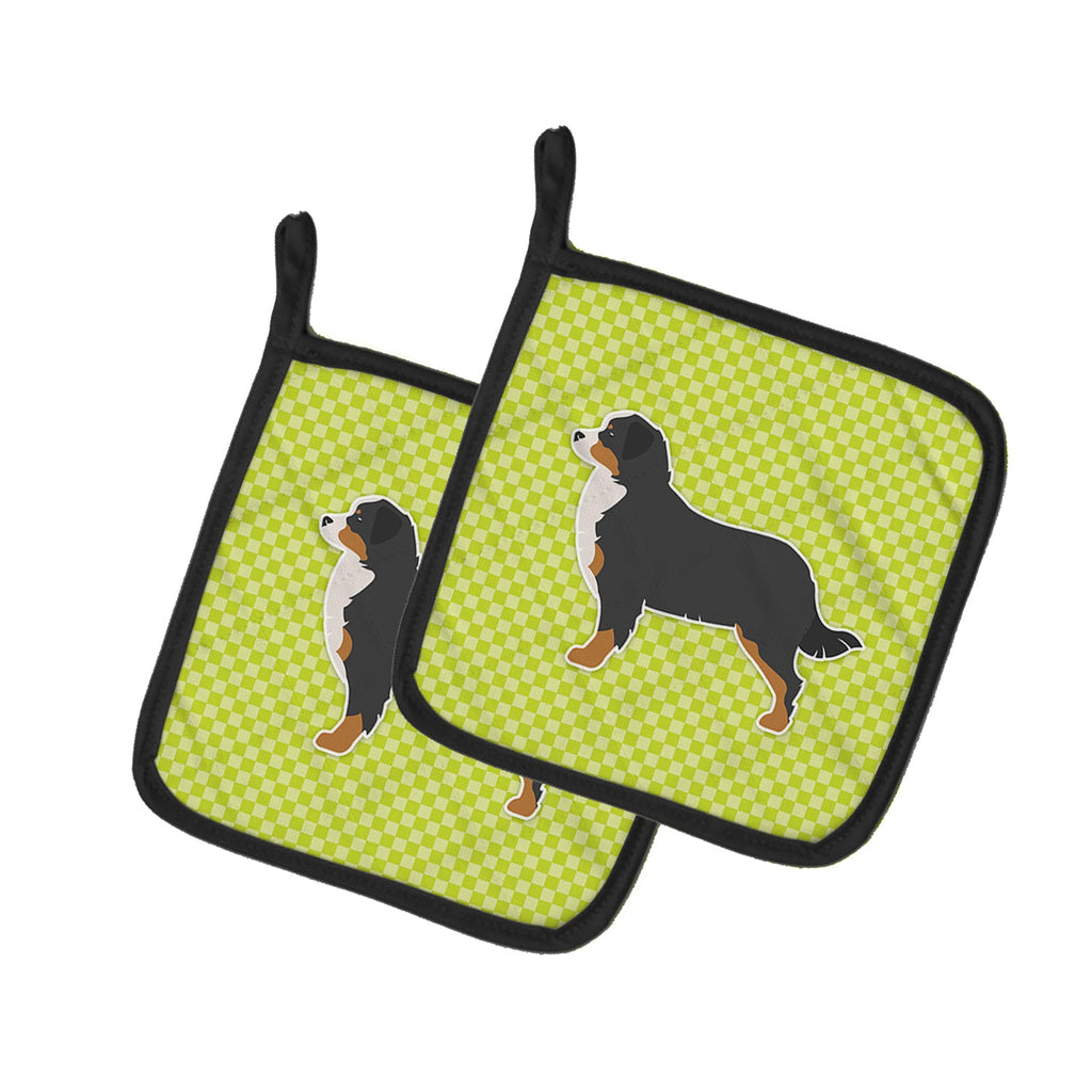 Bernese Mountain Dog Checkerboard Green Pot Holder Set of 2 Heat Resistant Quilted Hot Pads 7.5 x 7.5 Inch, Insulated Kitchen Trivets for Cooking & Baking