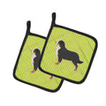 Bernese Mountain Dog Checkerboard Green Pot Holder Set of 2 Heat Resistant Quilted Hot Pads 7.5 x 7.5 Inch, Insulated Kitchen Trivets for Cooking & Baking