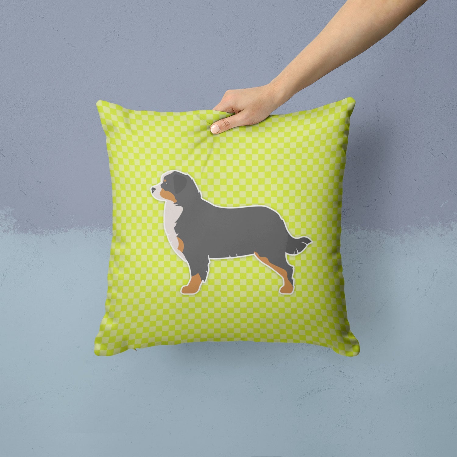Bernese Mountain Dog Checkerboard Green Decorative Throw Pillow 14x14 Indoor Outdoor Accent Cushion, Fabric Cover with Insert for Sofa, Bed, Porch & Living Room