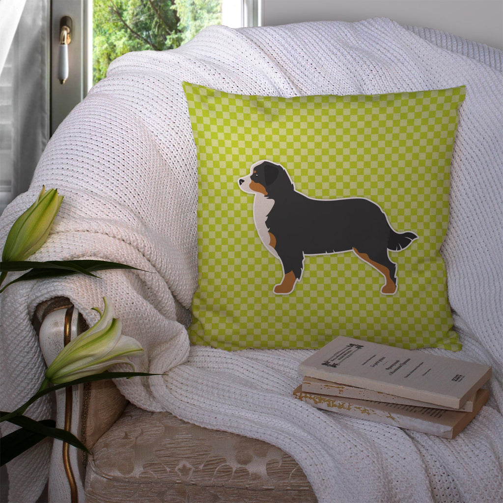 Bernese Mountain Dog Checkerboard Green Decorative Throw Pillow 14x14 Indoor Outdoor Accent Cushion, Fabric Cover with Insert for Sofa, Bed, Porch & Living Room