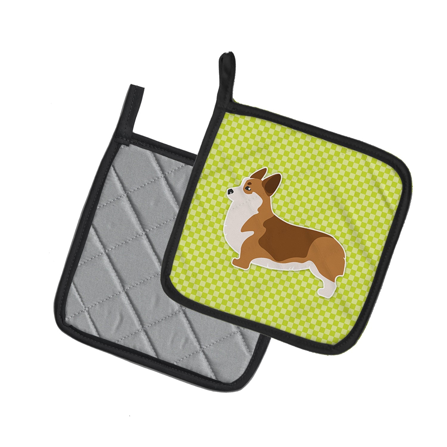 Corgi Checkerboard Green Pot Holder Set of 2 Heat Resistant Quilted Hot Pads 7.5 x 7.5 Inch, Insulated Kitchen Trivets for Cooking & Baking