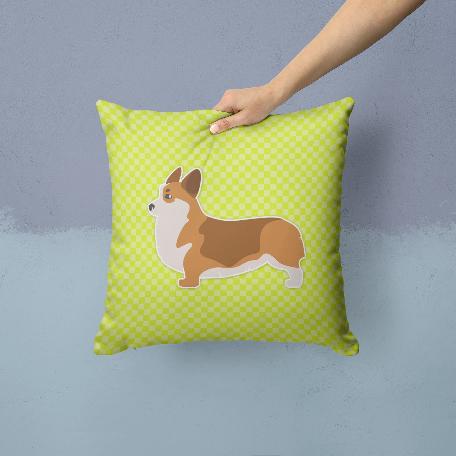 Corgi Checkerboard Green Decorative Throw Pillow 14x14 Indoor Outdoor Accent Cushion, Fabric Cover with Insert for Sofa, Bed, Porch & Living Room