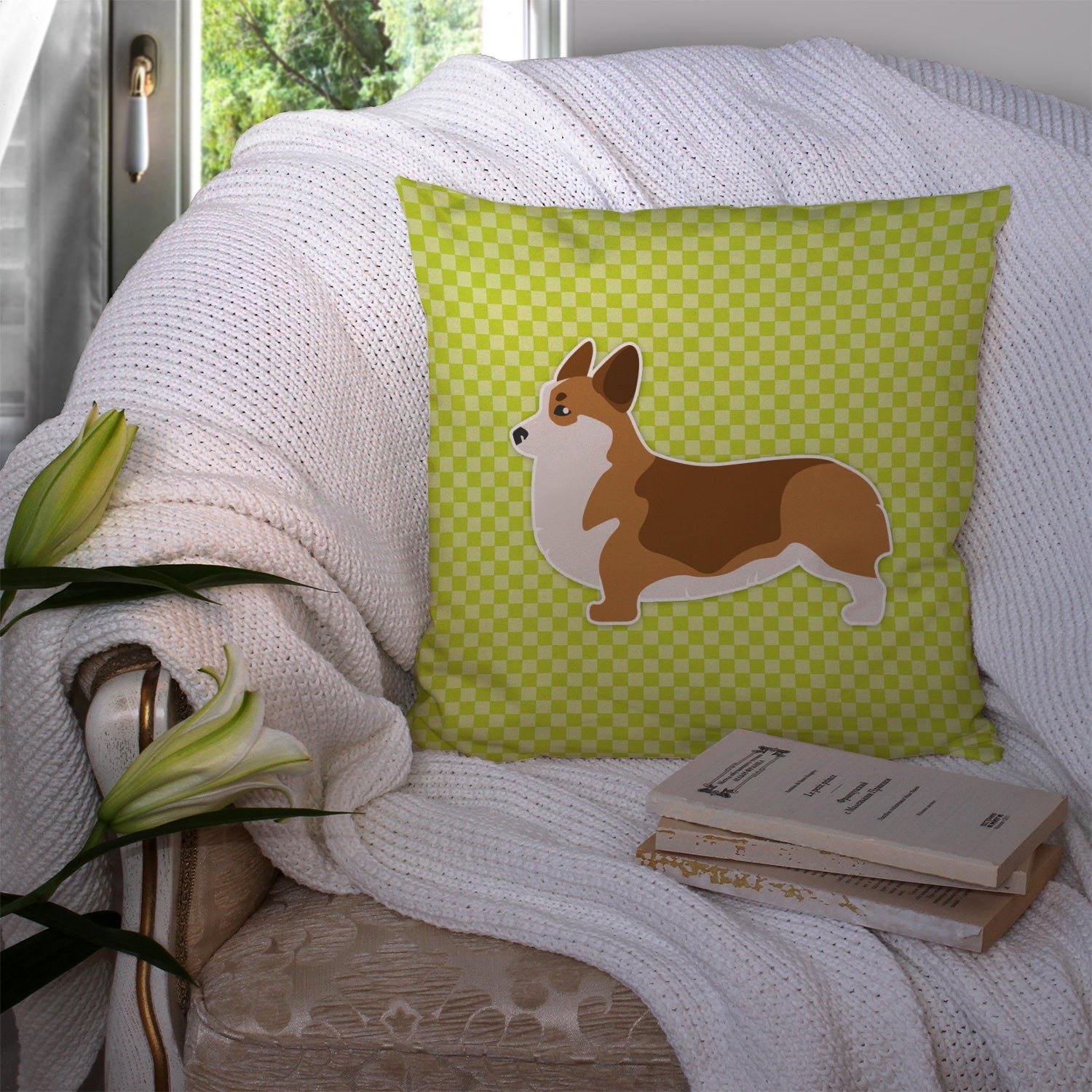 Corgi Checkerboard Green Decorative Throw Pillow 14x14 Indoor Outdoor Accent Cushion, Fabric Cover with Insert for Sofa, Bed, Porch & Living Room
