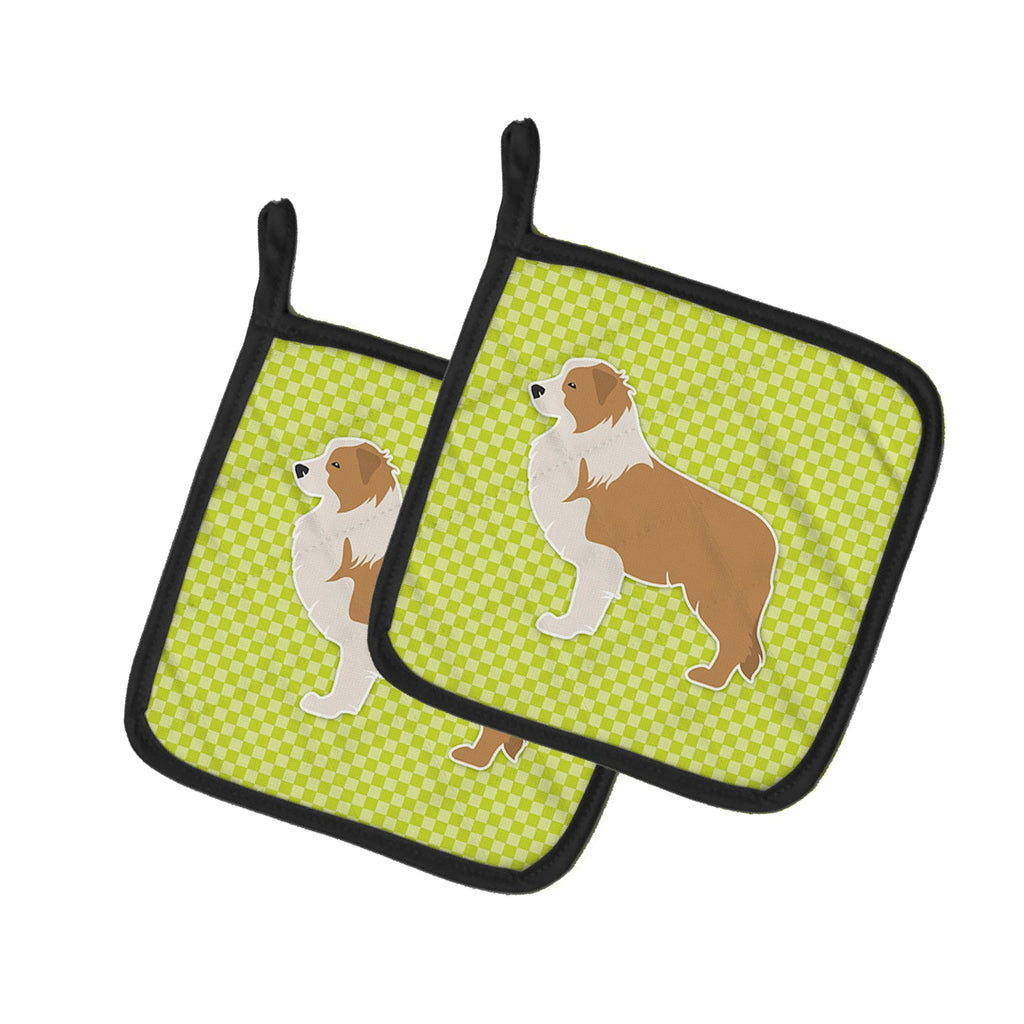 Red Border Collie Checkerboard Green Pot Holder Set of 2 Heat Resistant Quilted Hot Pads 7.5 x 7.5 Inch, Insulated Kitchen Trivets for Cooking & Baking