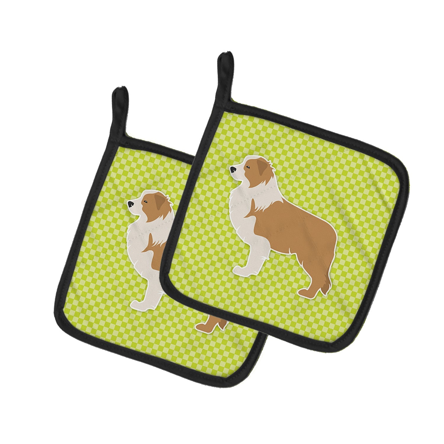 Red Border Collie Checkerboard Green Pot Holder Set of 2 Heat Resistant Quilted Hot Pads 7.5 x 7.5 Inch, Insulated Kitchen Trivets for Cooking & Baking